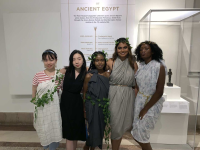 Ms YANG Siyuan Isabel (first from left) and her friends at the Toga Party in the Penn Museum during the New Student Orientation of the University of Pennsylvania